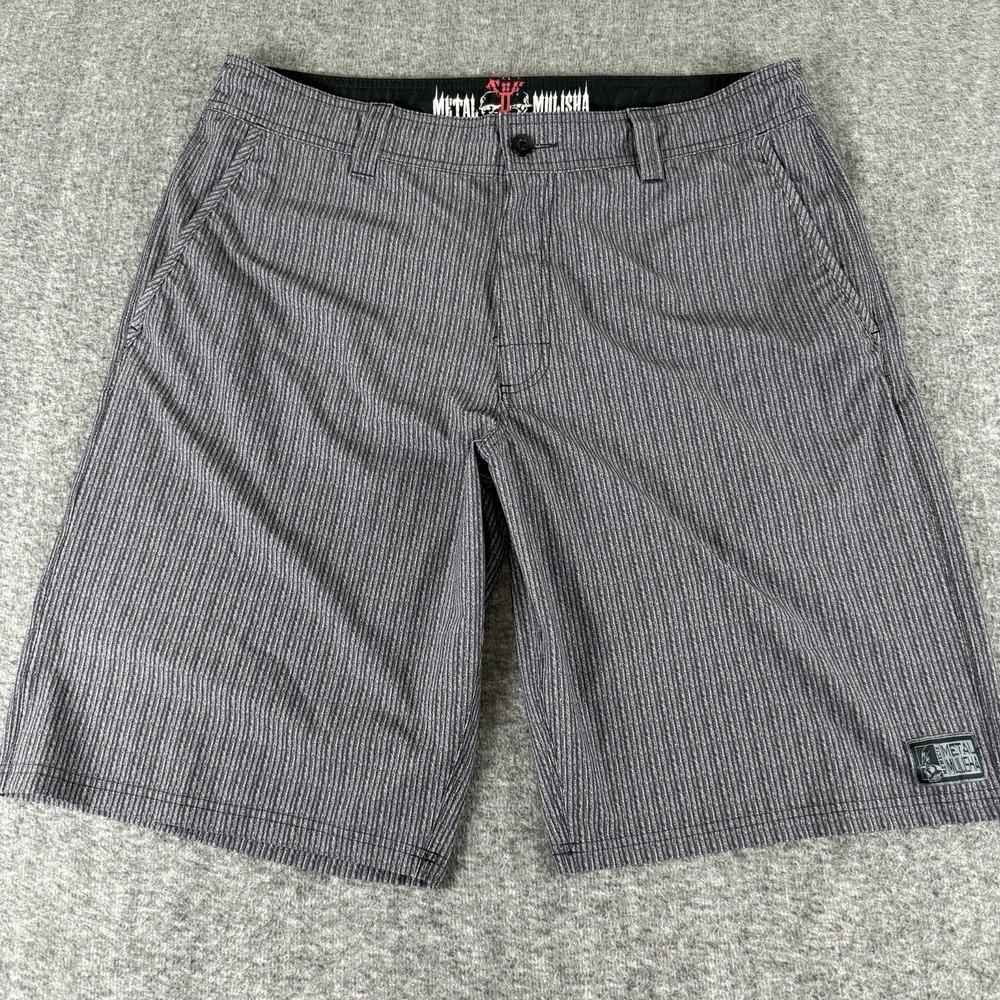 Metal Mulisha Shorts Mens 38 Gray Striped Boardshort Hybrid Skate Surf
